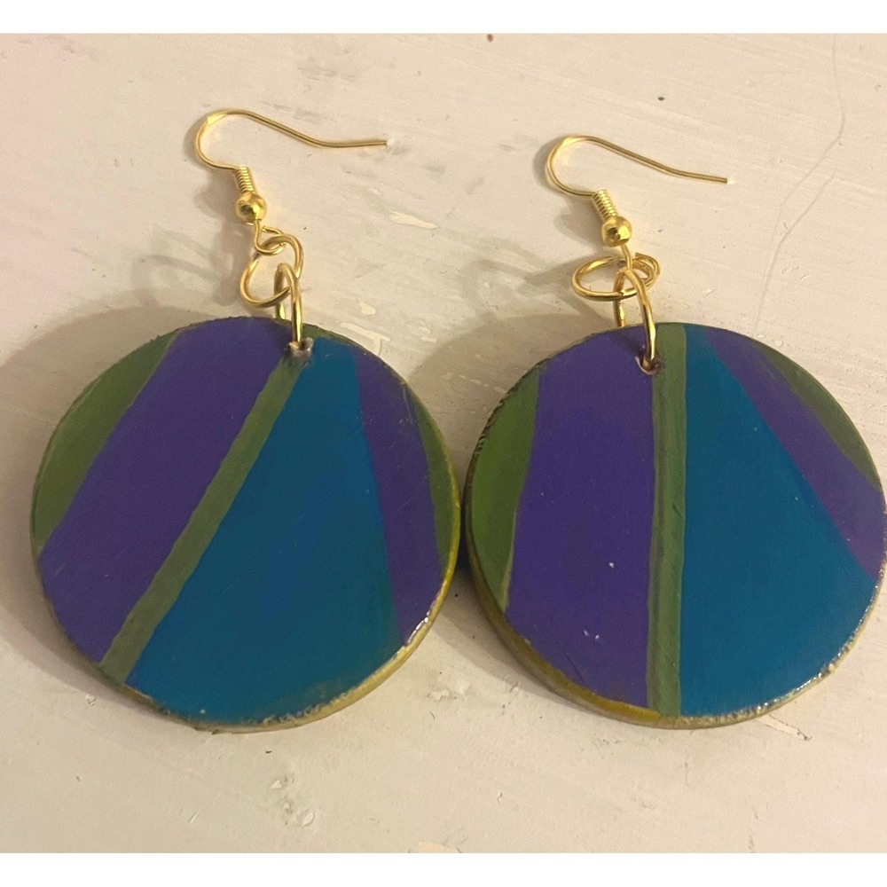Hand‎ Painted Wood Circle Earrings | Teal Purple Gold Abstract Statement